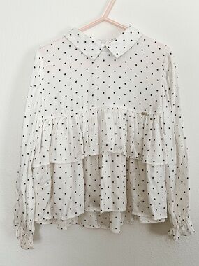 Girls Mayoral White Blouse with Black Polka Dots and Tiered Ruffles